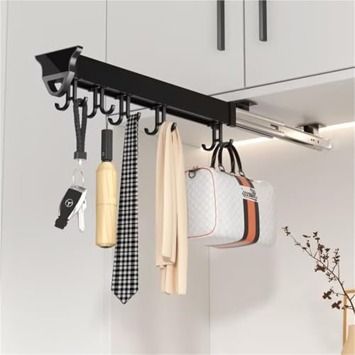 Soporte Extraíble para Escobas Y Trapeadores, Organizador Extraíble De Ollas Y Sartenes, Riel para Colgar Soporte De Armario De Aleación De Aluminio con Ganchos Ajustables(14.17in-12 Hook)
