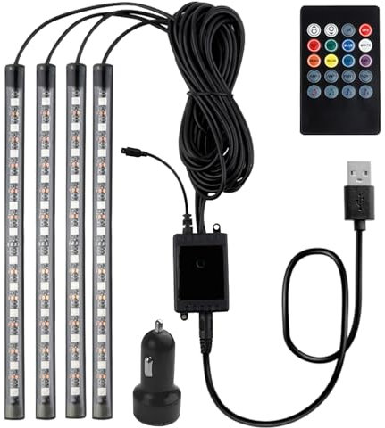 Fsaklaskdy 4 Pezzi Auto Interni, 8 Colori Luci Interne a per Auto, Accessori Impermeabile Strisce con Porta USB Controllo, Multi Colore Music Sync Lampade, Illuminazione Strisce