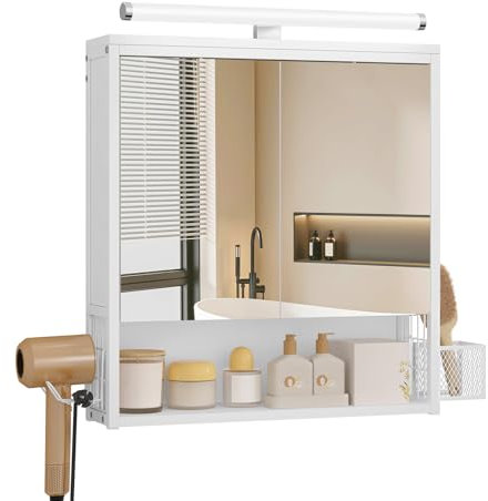 EUGAD Badezimmerschrank mit LED-Beleuchtung, Badezimmerschrank mit Spiegel, Badschrank hängend, mit Verstellbarer Ablage, Halter Korb, Metall MDF, Weiß, 56x13,5x65 cm