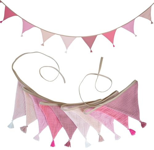 LUMOOM Wimpelkette Kinderzimmer 2.6M, Girlande Kinderzimmer, Babyzimmer Deko Wimpel, Musselin Baumwolle Stoff, Mädchen und Junge Kinderzimmer Deko, für Outdoor Gartenparty (Rosa)