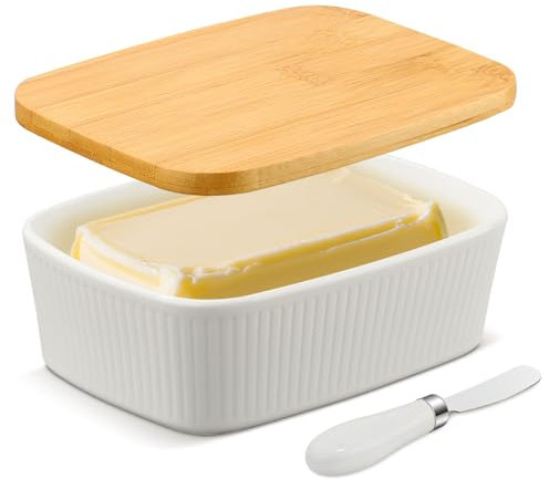 Voency Ceramic White Butter Box,Ceramic Butter Dish with Wooden Lid and Knife, Ceramic White Butter Dish with Lid - Large Butter Container Porcelain in 580ml for Butter, Cheese, Storage