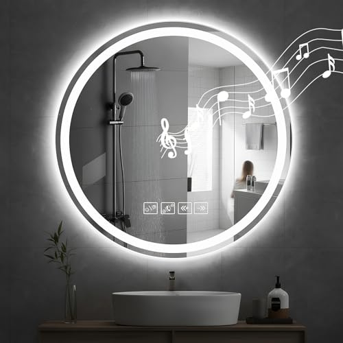 Litglobe Bluetooth Bathroom Mirror with LED Lights,60x60 CM LED Bathroom Mirror Wall Mounted,𝐋𝐄𝐃 𝐁𝐚𝐭𝐡𝐫𝐨𝐨𝐦 𝐌𝐢𝐫𝐫𝐨𝐫 with Anti-Fog,Touch,3 Colours,Dimmable,Memory Function