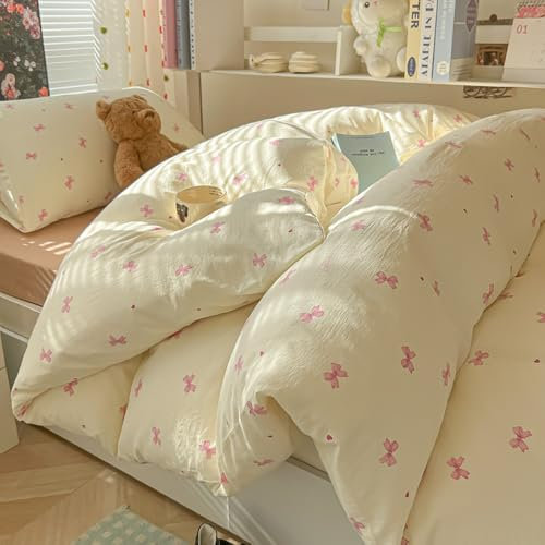 Covebett Housse de Couette 140x200 Beige Rose Nœud Papillon Cœur Romantique Parure de Lit Kawaii Adulte 1 Personne Microfibre Lavé Linge de lit avec Fermeture Éclair et 1 Taies d'oreiller 65x65cm