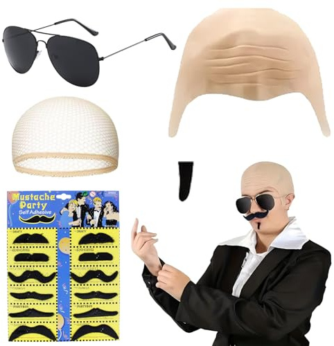 HTTDSLF Latex Glatze Maske, Latex kahle Kappe, Elastische Haarnetz, Kühle Sonnenaugen 13 Stück Schwarz Fake Bart Party Kostüm, für Herren Karneval Fasching Halloween Kostüm Zubehör