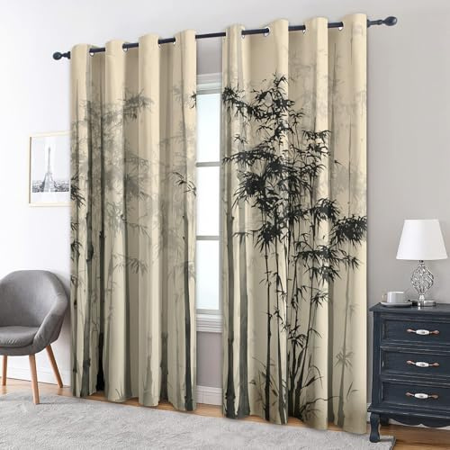 zcwl Bambuswald Vorhänge, Vintage Oriental Asian Verdunklungsvorhänge mit Ösen, Vorhang Blickdicht für Wohnzimmer Schlafzimmer Dekoration, Gardinen mit Muster, 2er Set, 300 x 140 cm (HöhexBreite)
