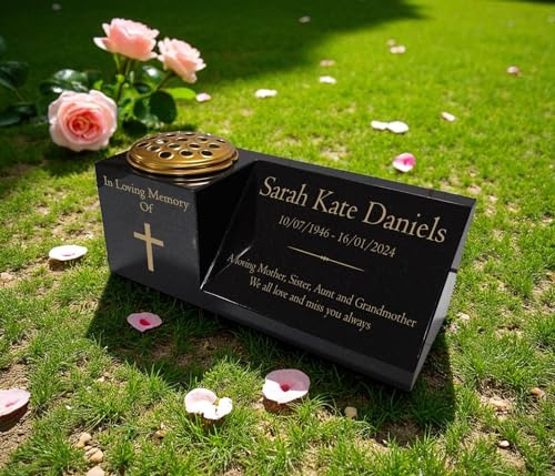 Personalised Granite Memorial Vase & Plaque Combination – Cross Design – Solid Black Granite with Free Engraving & Gold Flower Insert – Outdoor Cemetery or Garden Memorial