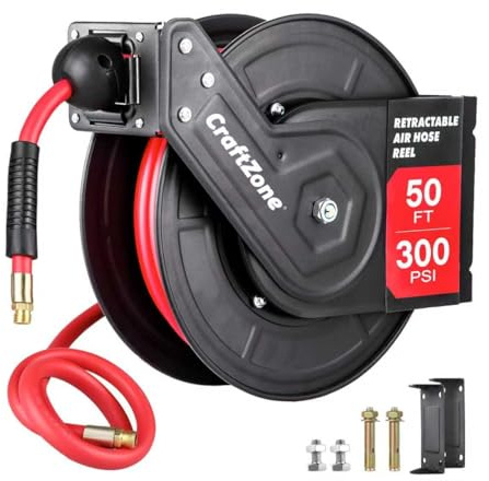 CRAFTZONE Retractable Air Hose Reel 50 FT | 300 PSI Air Compressor Hose Reel | 3/8 Hybrid Polymer Hose | Heavy-Duty Steel Wall Mount Swivel Bracket|Auto Rewind | All-Weather Retractable Air Hose - Red
