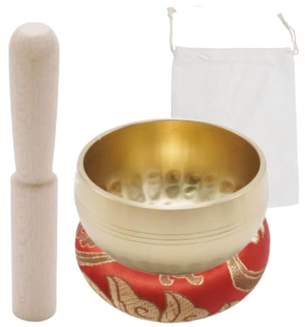 Ollanoos Tibetisches Klangschalen-Set, Durchmesser 8 cm mit einzigartigem Design, einschließlich Holzschläger und Kissen für Meditation und Entspannung