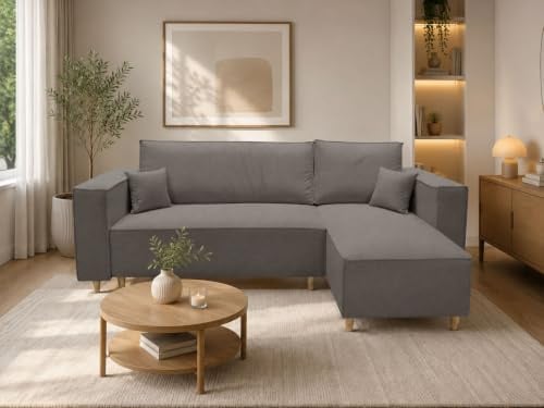 MARPUR Ecksofa Rio, Eckcouch in L-Form mit Schlaffunktion und Bettkasten, Farbe: Grau, Velourstoff, Ottomane Universal