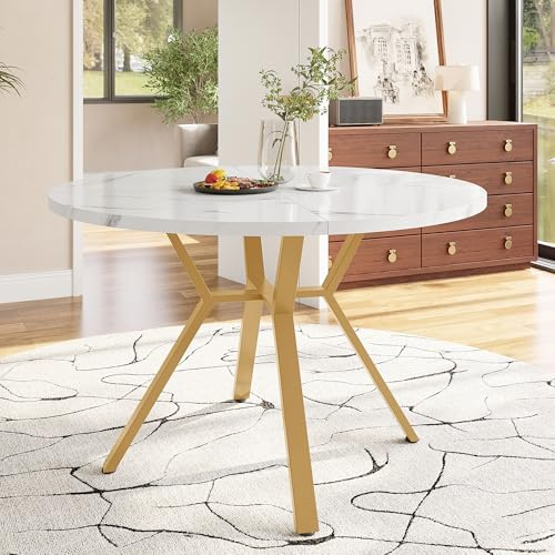 Runder Esstisch 100x100x75 cm Tischplatte Marmoreffekt X-förmiger Couchtisch mit Metallhalterung Küchentisch für Esszimmer Wohnzimmer Frühstückstisch Gold