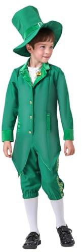 Déguisement de leprechaun pour enfants - Pour garçons et filles - Chapeau haut-de-forme, smoking et pantalon d'équitation - Vert - Style ethnique irlandais - Défilé de la St Paddy - Pour fête