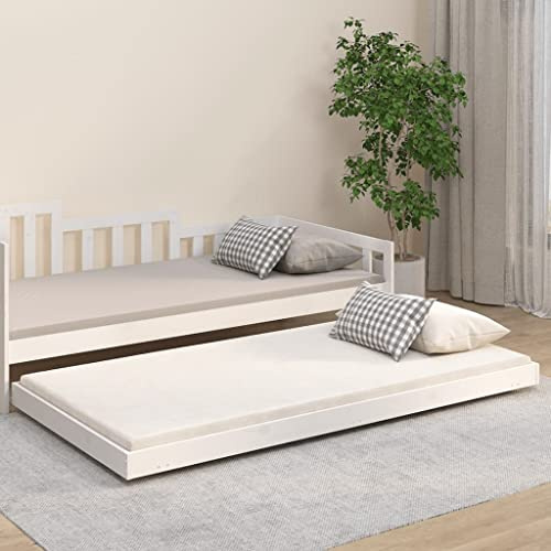 THOYTOUI Massivholzbett Weiß - Bettgestell mit Stabilen Latten & Rollen (203,5 x 84 x 13 cm) für Gemütliche Nächte im Schlafzimmer