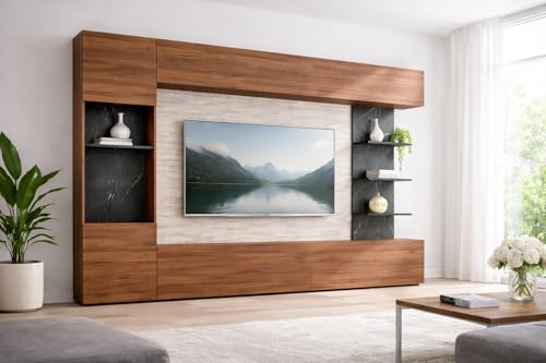 Agritrade AK Lazando Wall Unit – Universal Side – Modern LED/Non-LED Living Room Furniture Set (White/Concrete or Cashmere/Cremona Oak) (Led, Warm Walnut Finish)