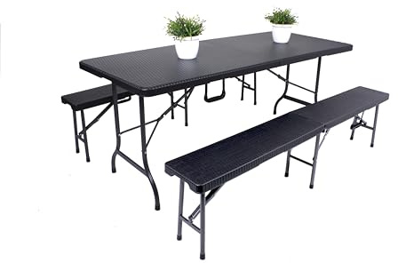 DELUKE Bierzeltgarnitur Rita 3-teilig Tisch & 2X Bank Schwarz Kunststoff | Buffettisch Gartengarnitur Klapptisch Klappbank Gartentisch