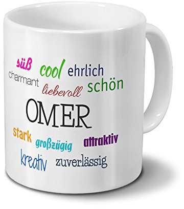 printplanet Tasse mit Namen Omer - Motiv Positive Eigenschaften - Namenstasse, Kaffeebecher, Mug, Becher, Kaffeetasse - Farbe Weiß