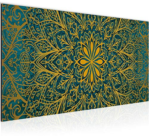 Runa Art Wandbild Mandala Abstrakt 1 Teilig 100 x 40 cm Modern Bild auf Vlies Leinwand Wohnzimmer Schlafzimmer Blau Türkis Gold 107412b