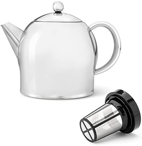 Teekanne Set 1.4 Liter - Edelstahl glänzend doppelwandig - Großer Teebereiter mit Tee-Filter-Sieb-Aufsatz für losen Tee
