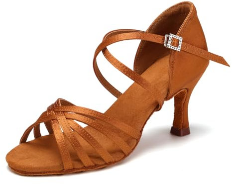 HIPPOSEUS Zapatos de Baile Latino Mujer con Puntera Abierta de Salón Zapatos de Baile Marron para Bachata y Salsa Tacon 7 cm,EU 40