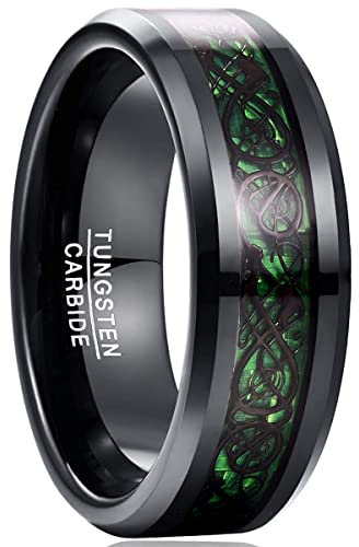 NUNCAD Unisex Ring Paare Wolfram mit Keltischen Drachen + Kohlefasern Grün für Hochzeit Valentinstag Trauung Party Größe 63.4 (20.2)