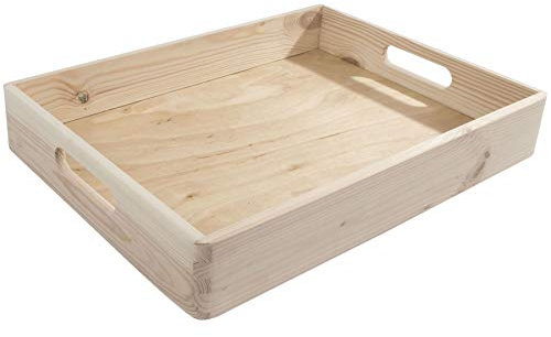 WooDeeDoo Large Shallow Wooden Storage Tray – Stackable Crate Unfinished Pine Box for Organising Craft Jars Kitchen Cupboard Drawers Coffee Station Office Supplies or DIY Projects 39.5 x 29.5 x 7 cm