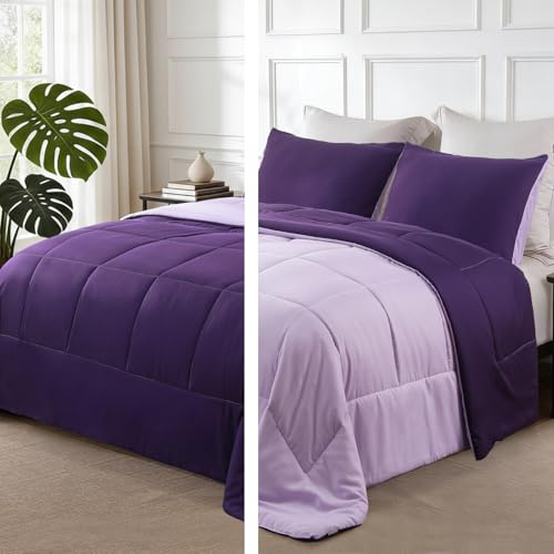 Exclusivo Mezcla Leichtes wendbares Sommer-Bettwäsche-Set für Queen-Size-Betten, Daunen-Alternative mit 2 Kissenbezügen, Queen-Size-Bettwäsche-Set für alle Jahreszeiten, Dunkelviolett/Flieder