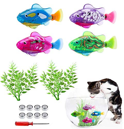 Swimming Robot Fish Toy for Cats,4PCS Fish Tank Toy Cat Interactive Pet Toy Electric Fish with LED Light Swimming Baby Bath Toy