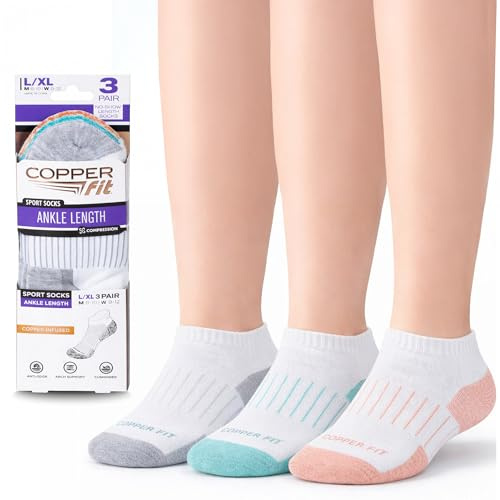 Copper Fit: Unisex-Erwachsene Knöchellange Sportsocken, 3 Paar Weiß/Bunt, Größe S/M (38-42 Herrenschuh, 39-48 Damenschuh)