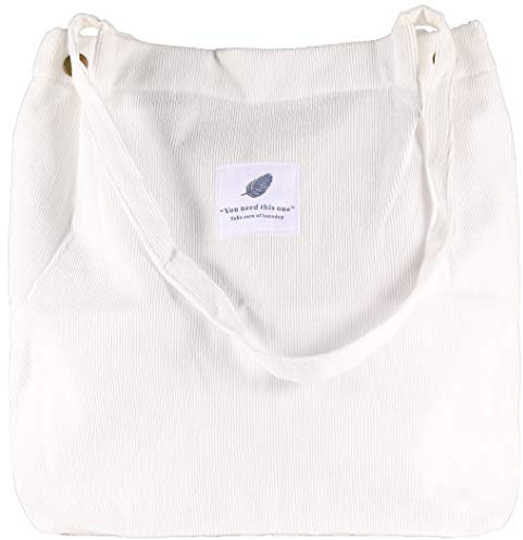 VOKUVIKU Cord Tote Bag Aesthetic Damen Stofftasche Canvas Tasche Mädchen GroÃŸe Tote Bag Aesthetic Handtasche Shopper Cord Schule Leicht Beuteltasche Damen Cord, WeiÃŸ