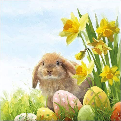 20 Servietten Fluffiger Hase an Narzissen | Blumen | Eier | Ostern 33x33cm