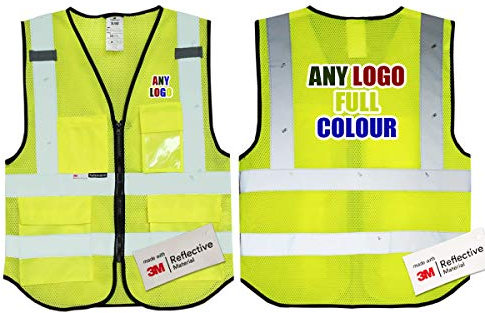 Personalisierte Salzmann 3M luftdurchlässigem Mesh Warnweste mit mehrfarbigem Logo und Mehreren Taschen, hergestellt mit 3M Reflektierendem Material - Gelb hochsichtbar Sicherheitsweste Arbeitsweste