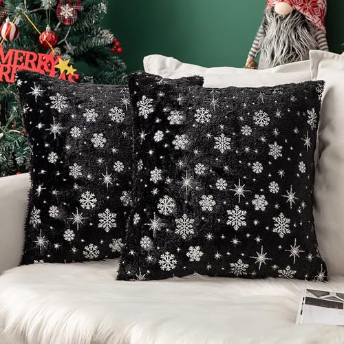 MIULEE 2er Set Kissenbezüge Weihnachten Kuschelkissen Flauschig Schneeflocken Dekokissen Sofakissen Plüschkissen Fellkissen Couchkissen Kissenhülle Zierkissenbezug für Wohnzimmer 40x40 cm Schwarz
