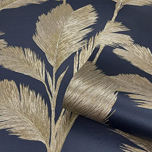 Full Roll Gold Alessia Leaf Wallpaper Navy Textured Embossed Metallic Vinyl