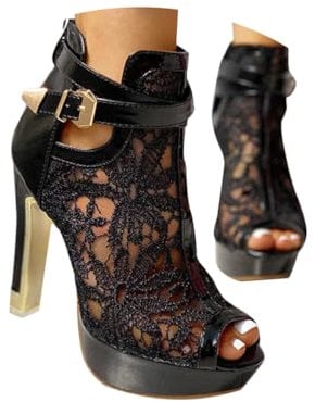 Minetom Sandalen Damen Pumps Schuhe Lace Hohl Blockabsatz High Heels Open Toe Sandalen Abend Party Braut Sommerschuhe A Schwarz 39 EU