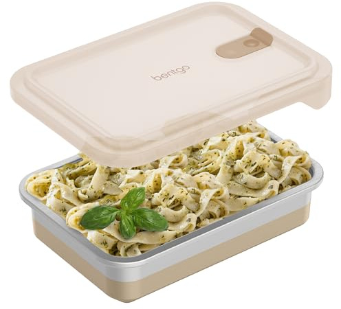Bentgo MicroSteel Heat & Eat Container – Microwave-Safe, Leak-Proof & Airtight, Easy-to-Clean Lightweight Stainless Steel Reusable Food Storage with Silicone Lid (Dinner Size; 5.5-Cup Capacity; Gold)