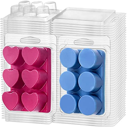 Jucoan 100 Pack Plastic Wax Melt Molds, 6-Cavity Clear Empty Wax Melt Container, Heart and Round Shape Wax Melt Clamshells for Tarts Peckless Candles Soap