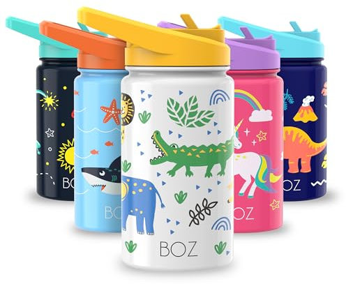BOZ Gourde Isotherme Enfant avec Paille 414ML, Bouteille d'Eau Anti-fuite pour Boisson Chaude ou Froide | Gourde Inox à Double Paroi Isolante et Motif Anti-rayures Avec Poignée, Sans BPA (Safari)
