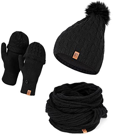 HEYO Mütze Schal Handschuh Set für Damen | Gefütterte Wintermütze mit Kunstfellbommel | Großer Loop Schal | Gestrickte Finger/Fingerlose- Winterhandschuhe für Touchscreen (Schwarz)