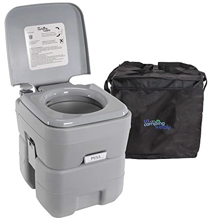 U.S. Camping Supply Portable Toilet with Carry Bag, 5.3 Gallon Waste Tank - Compact Indoor Outdoor Dual Outlet Commode - Travel, Camping, RV, Boating, Fishing - Traveling Bathroom, Water Flush Pump