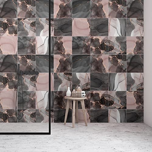 Stick on Tiles Rose Gold Marble Tile Stickers PVC Self Adhesive Wall Tiles Heat Resistant Peel and Stick Floor Tiles Kitchen Stick on Wall Tiles Bathroom Kitchen 20x20cm/12 Pcs