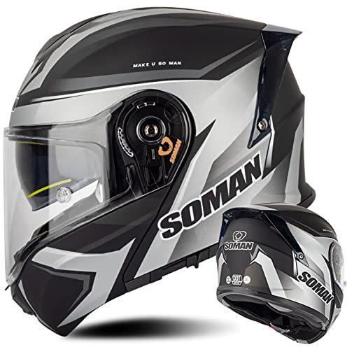 Casco da Moto Modulare, Caschi Modulari Motorino Integrali con Doppia Visiera Parasole, Certificazione ECE Casco Modulare Scooter per Adulti Donna e Uomo, Argento-4XL(67~68cm)