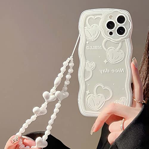 Bakicey Handyhülle für iPhone 11 Pro Hülle mit Perlenkette Aesthetic Weiße Herz Design Schutzhülle TPU Frauen Mädchen Glitzer Stoßfeste Case mit Süßes Chain für iPhone 11 Pro
