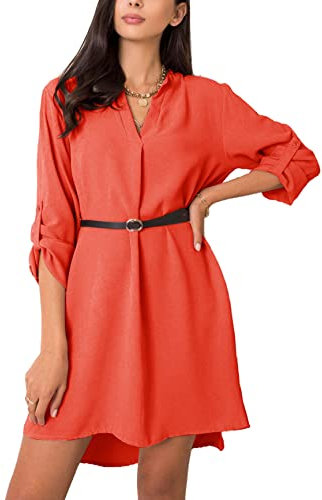 CYSTYLE Damen Hemdkleid Longbluse Elegant Blusenkleid V-Ausschnitt 1/2 Ärmel Tunika Kleider Einfarbig Freizeitkleid Knöpfen Hemdenkleid Shortkleid