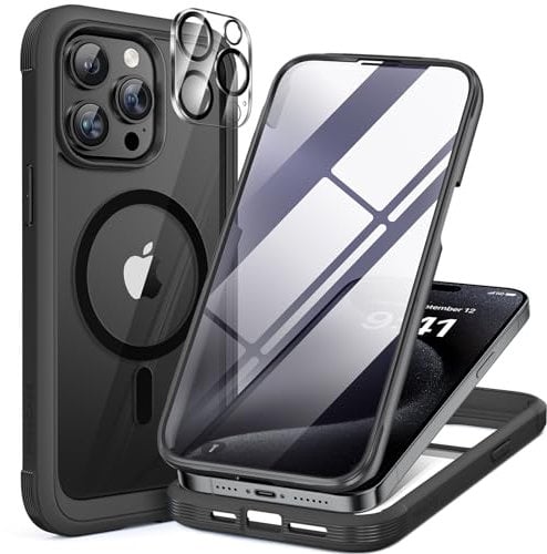 Miracase Magnetic Case for iPhone 15 Pro Max Case 6.7-Inch, Full Body Bumper Case Compatible with MagSafe and Built-in 9H Tempered Glass Screen Protector + Camera Lens Protector (Black)