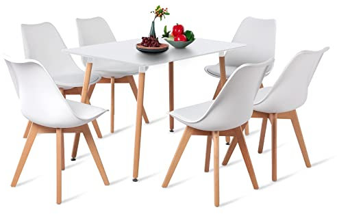 H.J WeDoo Esstisch mit 6 Stühlen, rechteckig, 110 cm, geeignet für Esszimmer, Küche, Wohnzimmer | Weiß Tisch + weiße Stühle
