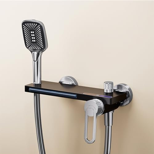XJTNLB Wannenarmatur Wasserfall Bad Armaturen Badewanne Mischbatterie Wandmontage Badewannenarmatur mit 3 Modi Handbrause Chrom+Schwarz