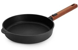 Woll Eco Logic QXR Cast Iron Flat Pan Inductive Diameter 24 cm Height 5 cm with Removable Sustainable Wooden Handle Suitable for All Hob Types PFAS-Free Non-Stick Coating Cast Aluminium