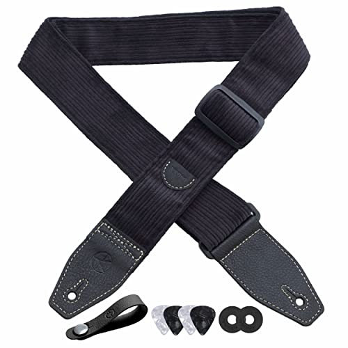 YIKOKO Gitarrengurt 5,1 cm Cord, Gitarrengurte mit Vollnarbenlederende, für Bass-, Elektro- und Akustikgitarren, kostenloser Gurtknopf, 2 Gurtschlösser und 4 Gitarrenplektren