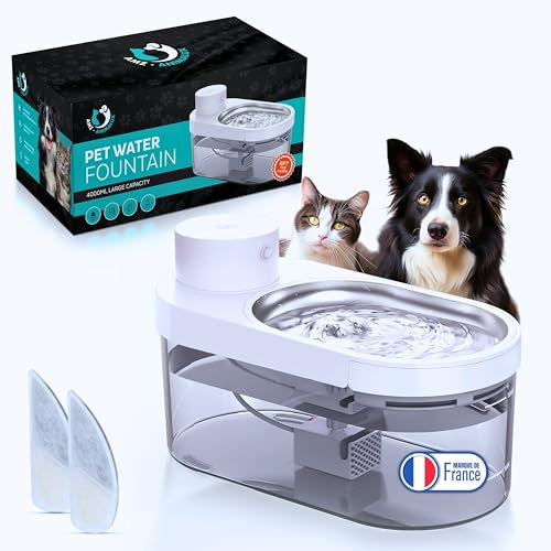 AMZ-ANIMALUX Fontaine a Eau Chat & Chien Filtre sans Fil avec Detecteur de Mouvement | Distributeur d'eau Silencieuse & Automatique en INOX 4L | Gardez Une Eau Fraiche & Pure | 2 filtres OFFERTS |