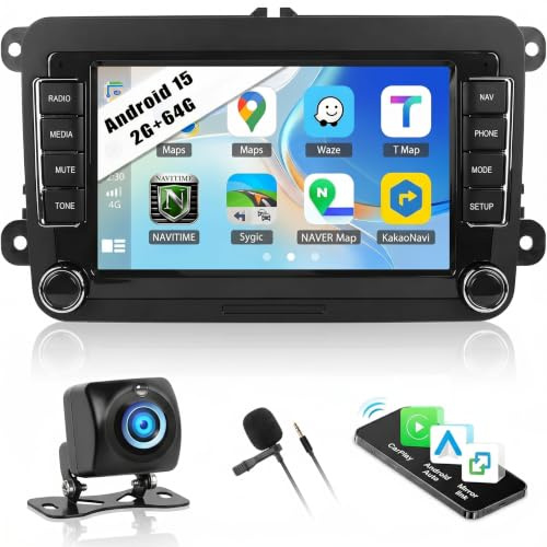CAMECHO 2G+64G Android 15 Car Radio for VW Passat Jetta Golf Polo Tiguan Seat Skoda Caddy 7 Inch TouchScreen Carplay Android Auto Stereo Sat Nav GPS WiFi Bluetooth Mirror Link FM/RDS SWC+ AHD Camera