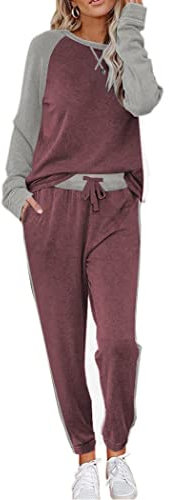 Ekouaer Women's Wine Red Lounge Wear Set Long Sleeve Pjs 2 PCS Sleepwear Set Long Pant Nightwear L